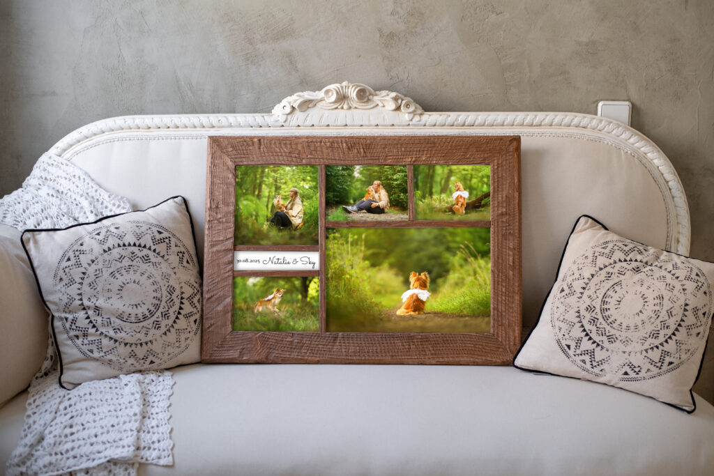 Collage im rustikalen Holzrahmen mit 40x60cm Durchmesser, Chihuahua mit Frauchen